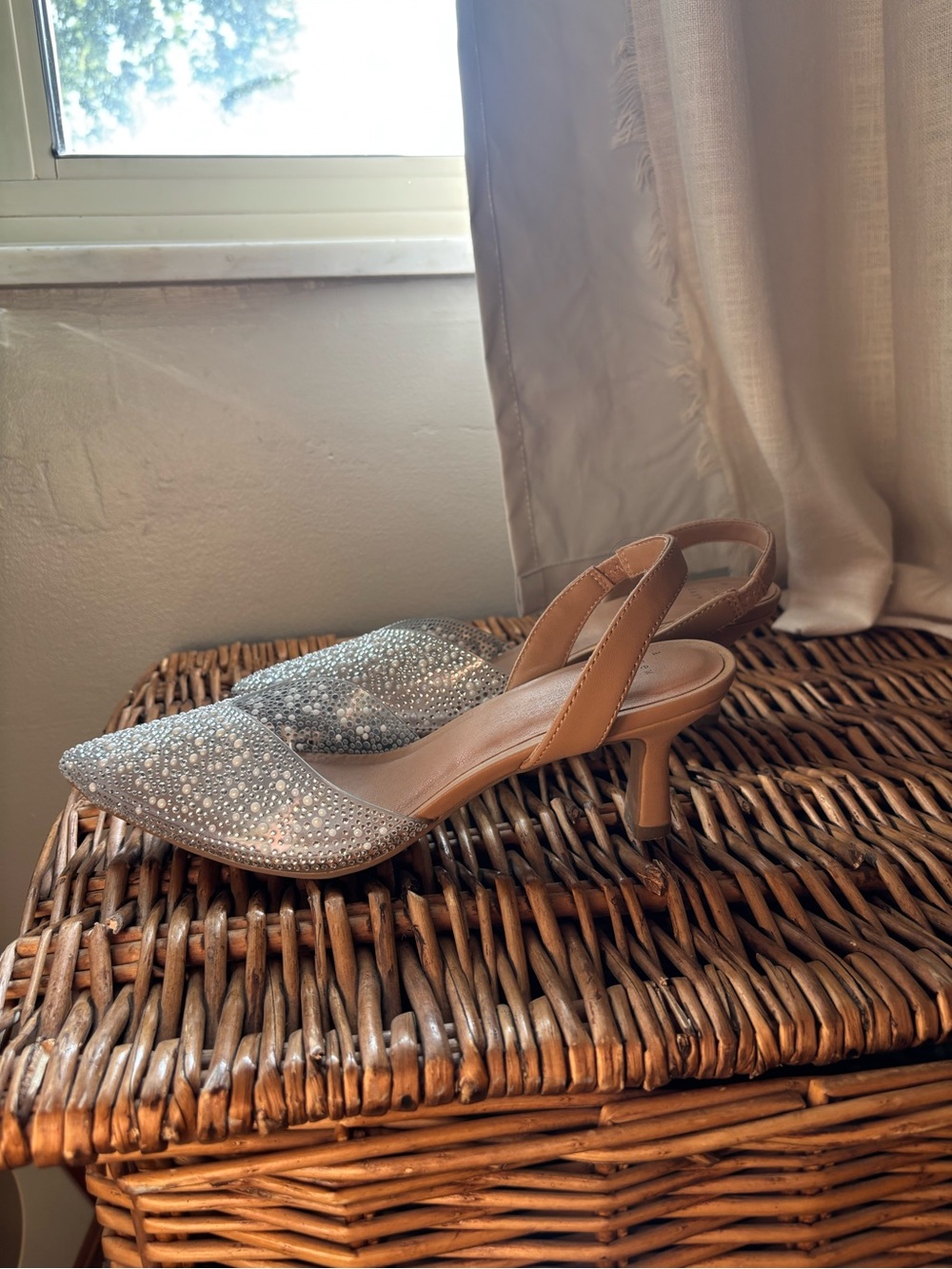 Crystal-Embellished Slingback Pumps in Silver